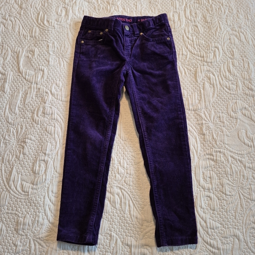 Lands' End girls size 4 purple skinny stretch corduroy pants, adjustable EUC